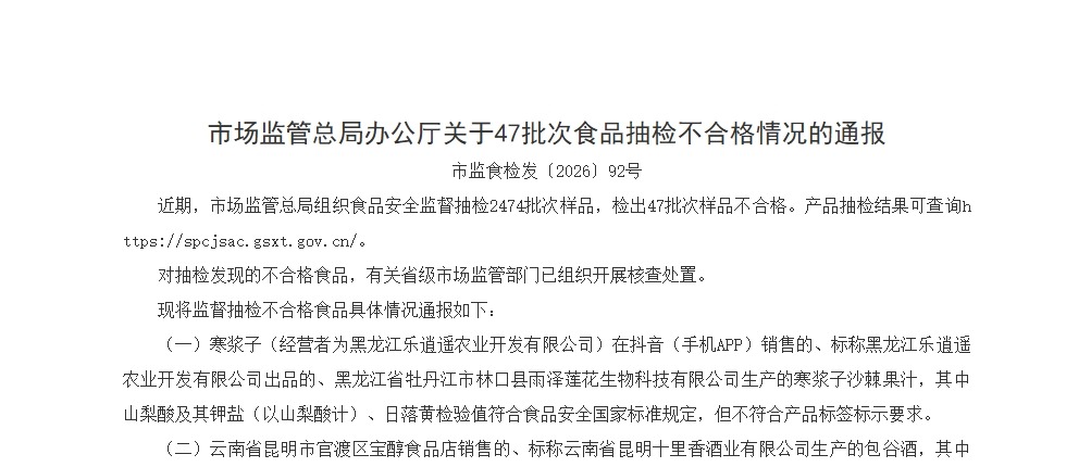市场监管总局办公厅关于47批次食品抽检不合格情况的通报