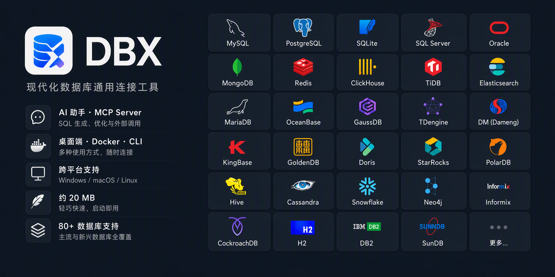 80+ databases in 20 MB. Desktop, Docker, CLI, built-in AI assistant, and MCP Server.